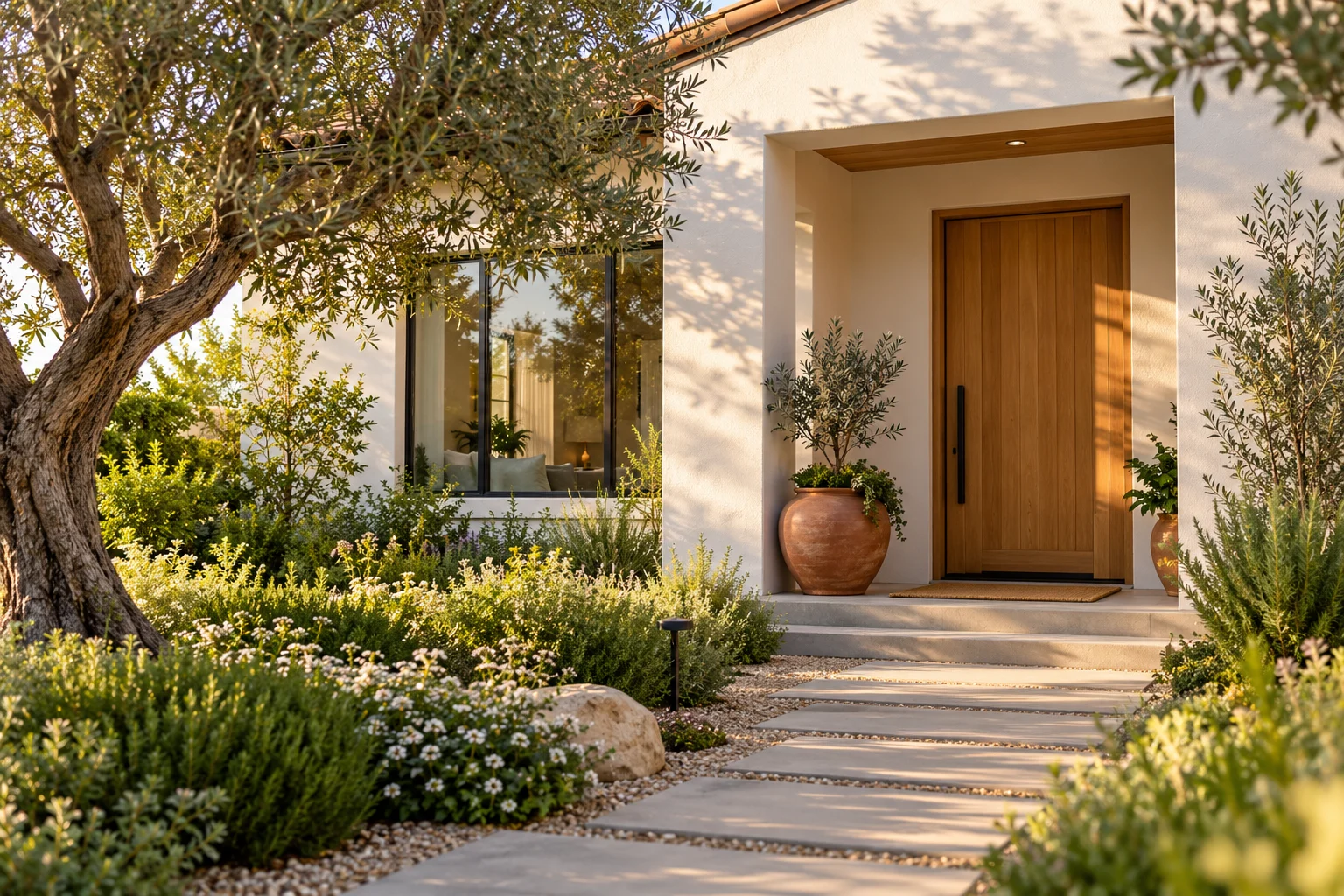A sunlit front door surrounded by a green garden